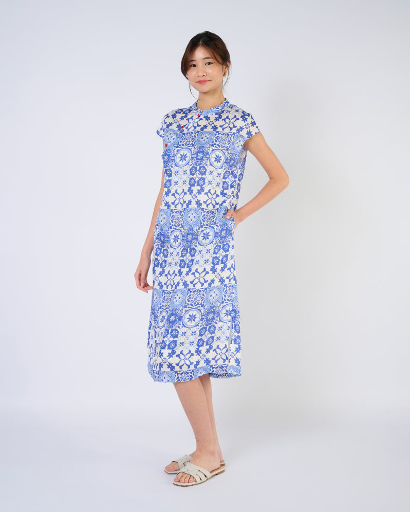 You Living Cap Sleeve Cheongsam Dress – Blue Tiles