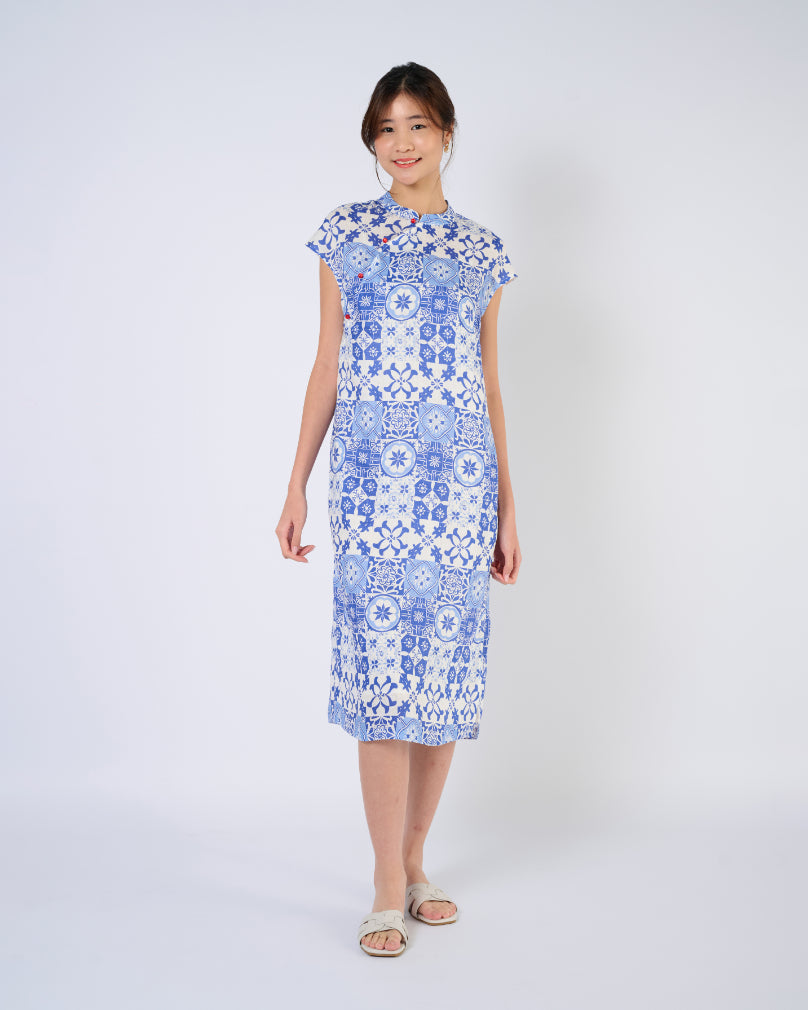 You Living Cap Sleeve Cheongsam Dress – Blue Tiles