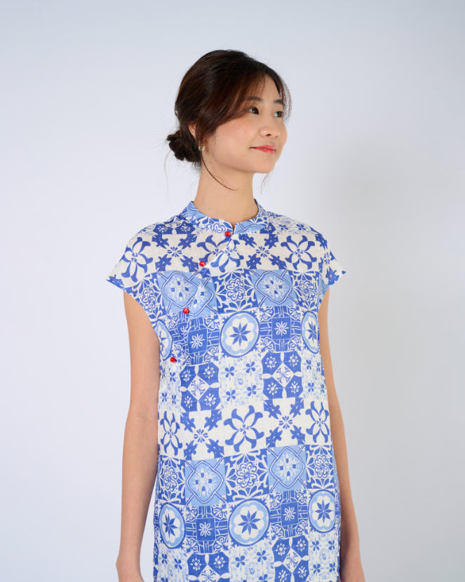 You Living Cap Sleeve Cheongsam Dress – Blue Tiles