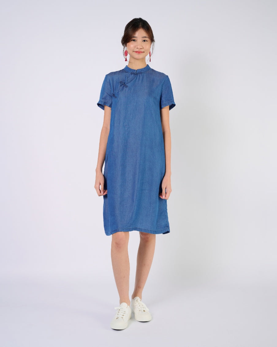 You Living Cheongsam Midi Dress -Indigo Blue Jeans