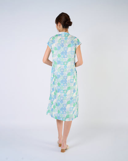 You Living Cap Sleeve Cheongsam Dress – Green Geometric