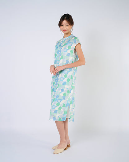 You Living Cap Sleeve Cheongsam Dress – Green Geometric