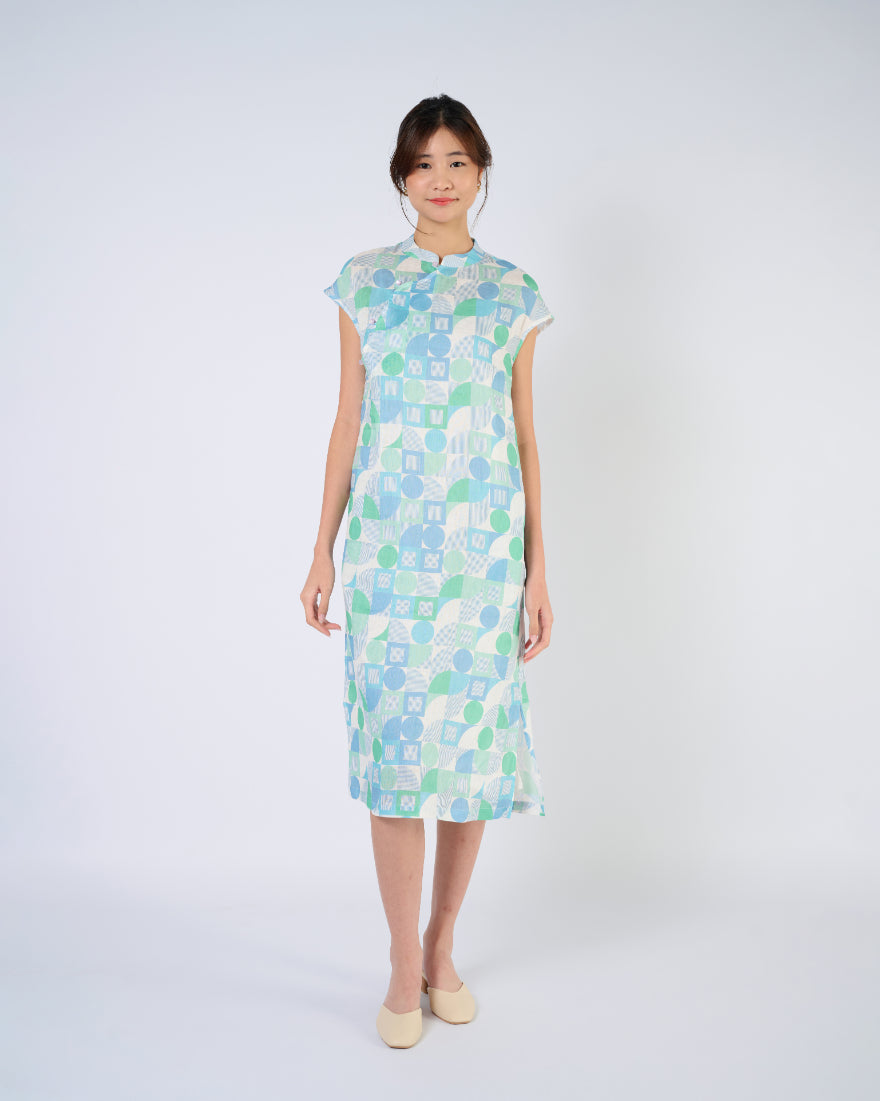 You Living Cap Sleeve Cheongsam Dress – Green Geometric