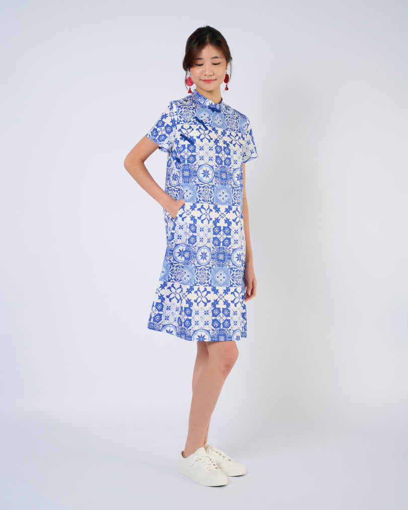 You Living Cheongsam Midi Dress - Blue Tiles