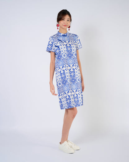 You Living Cheongsam Midi Dress - Blue Tiles