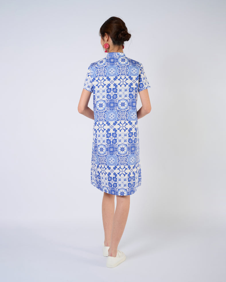 You Living Cheongsam Midi Dress - Blue Tiles