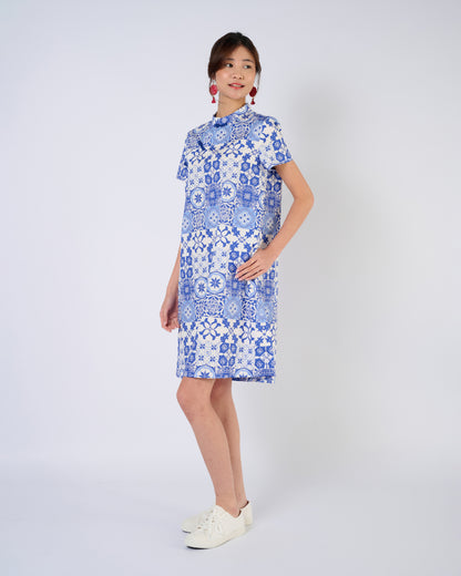 You Living Cheongsam Midi Dress - Blue Tiles