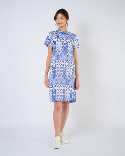 You Living Cheongsam Midi Dress - Blue Tiles