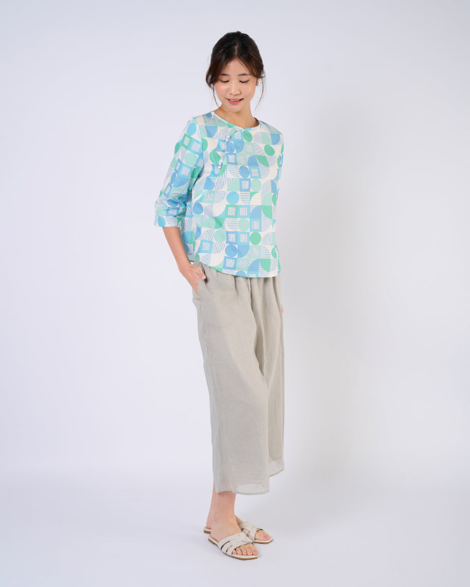 You Living Green Geometric Cheongsam Top