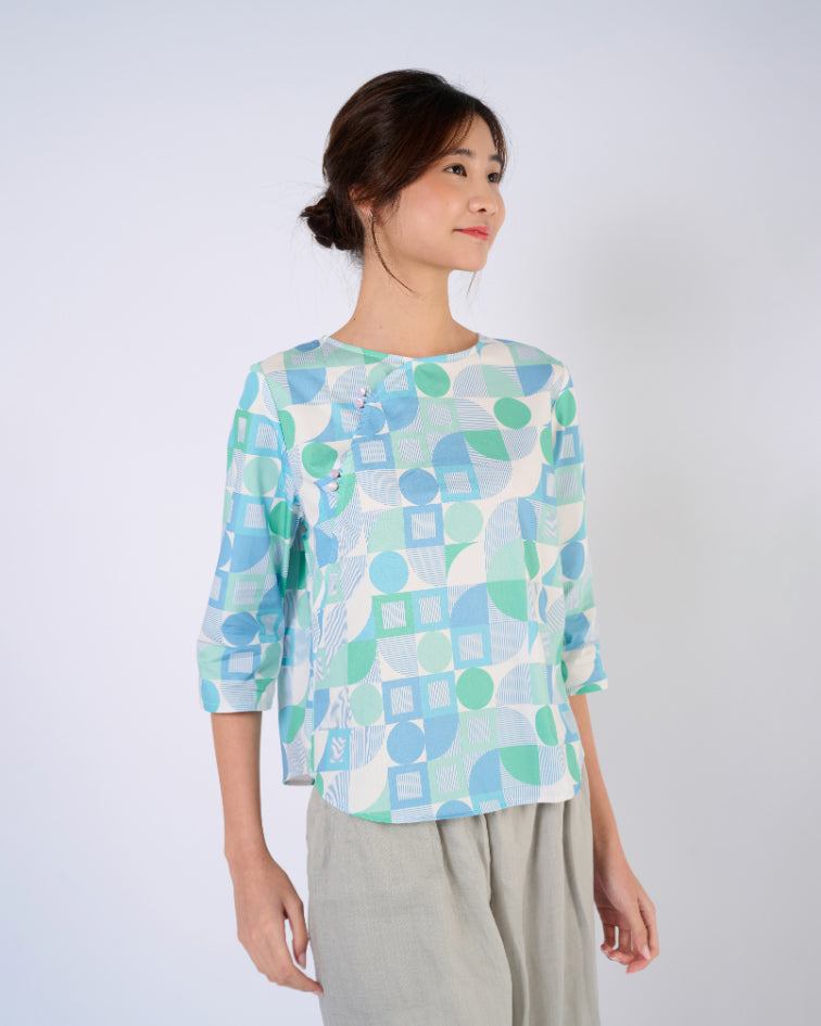 You Living Green Geometric Cheongsam Top