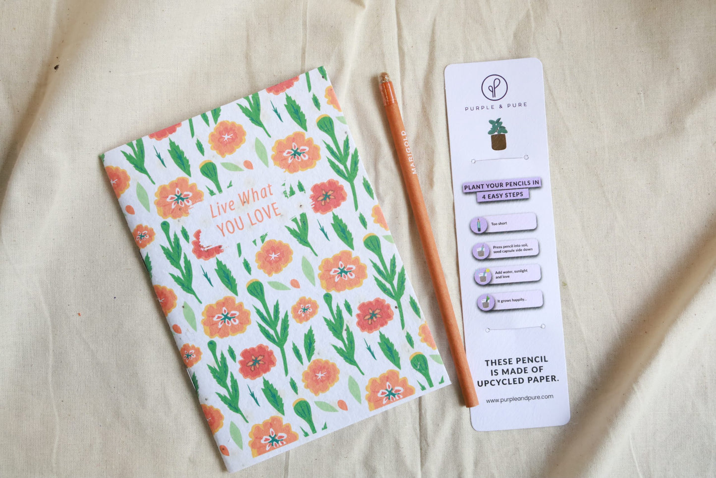 Purple & Pure Marigold Plantable Seed Notebook and pencils set | stationary | The Green Collective SG