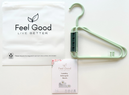 Feel Good Laundry Pack for Travel - Foldable Hanger and Laundry Detergent (10 sheets in Envelope) | Cleaning supplies | The Green Collective SG