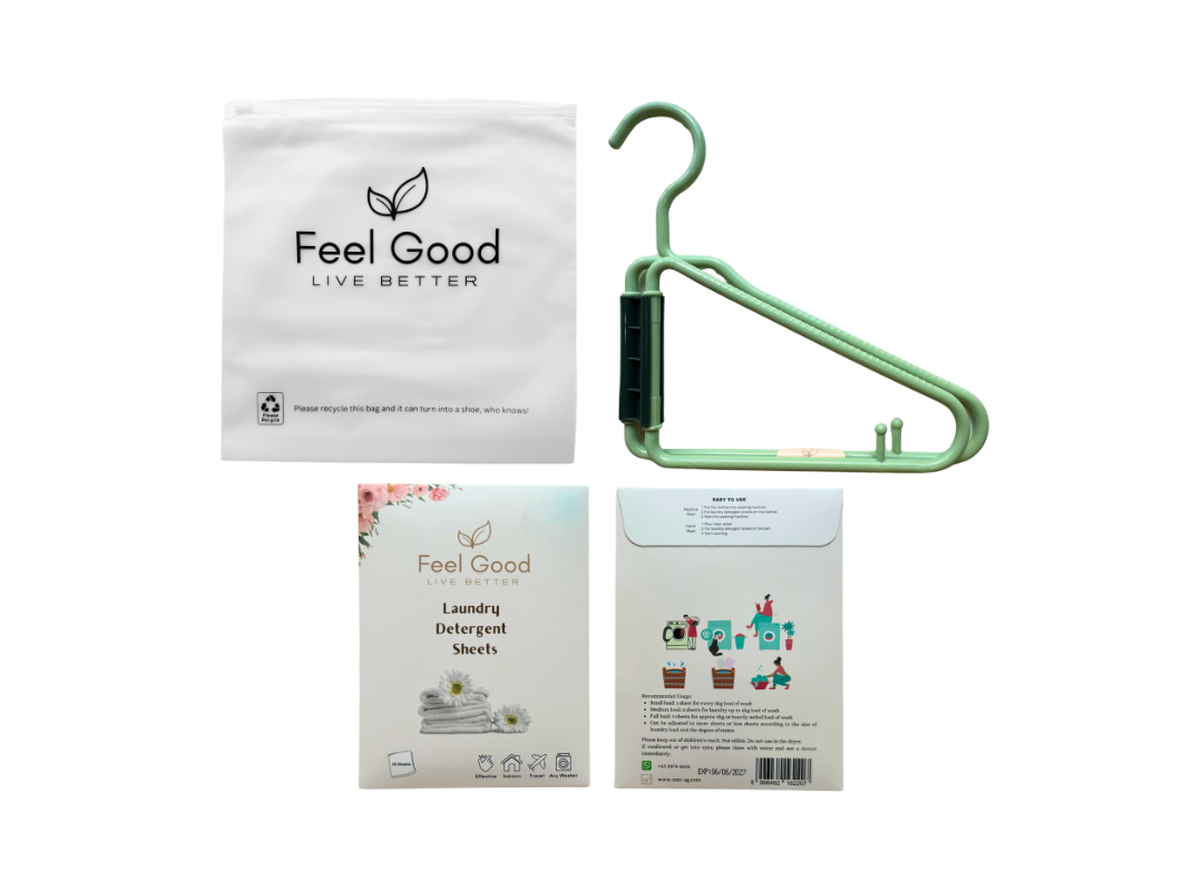 Feel Good Laundry Pack for Travel - Foldable Hanger and Laundry Detergent (10 sheets in Envelope) | Cleaning supplies | The Green Collective SG