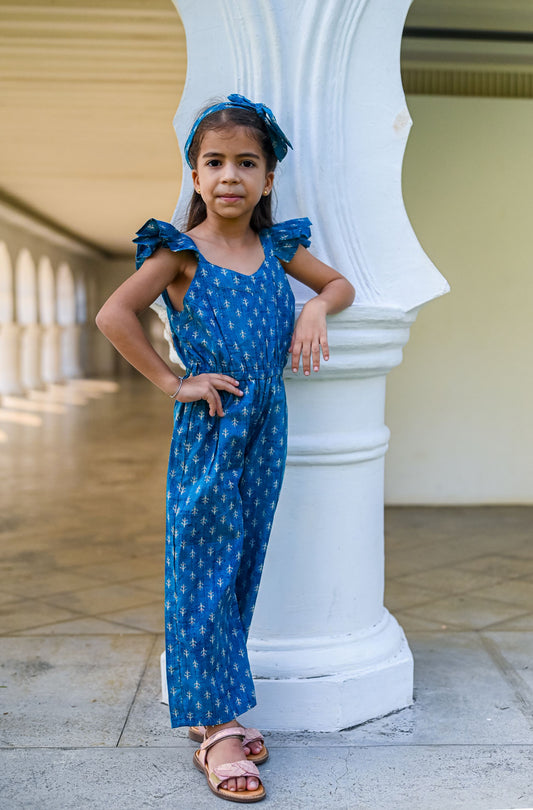 Nimbu Pattern Blue Girls Jumpsuit with Belt & Headband | kids Fashion | The Green Collective SG