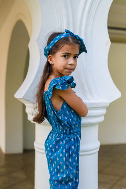 Nimbu Pattern Blue Girls Jumpsuit with Belt & Headband | kids Fashion | The Green Collective SG