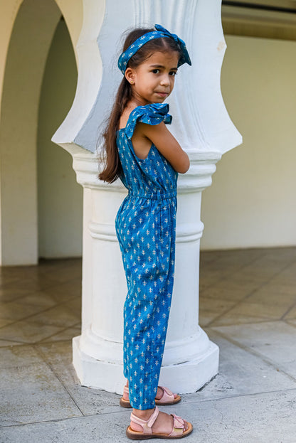 Nimbu Pattern Blue Girls Jumpsuit with Belt & Headband | kids Fashion | The Green Collective SG