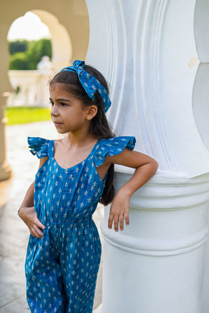 Nimbu Pattern Blue Girls Jumpsuit with Belt & Headband | kids Fashion | The Green Collective SG