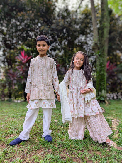 Nimbu Pink Bloom Kurta Pajama Jacket Set