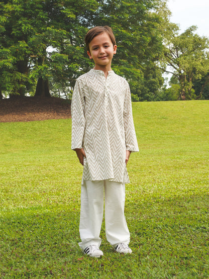 Nimbu Zoya Boys White & Gold Kurta Pajama in Cotton