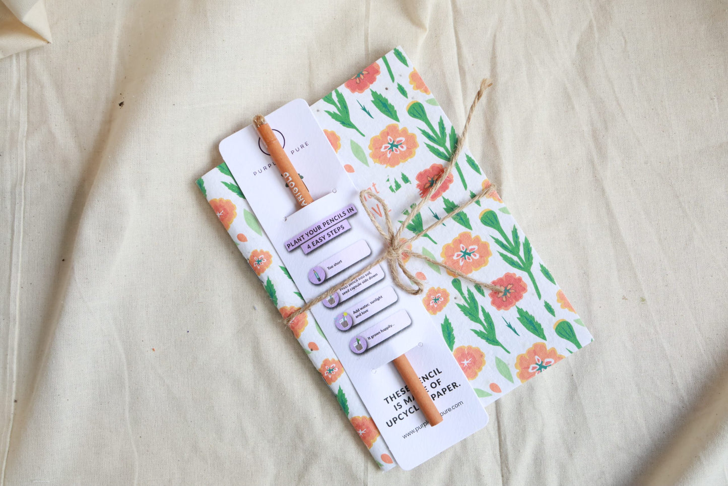 Purple & Pure Marigold Plantable Seed Notebook and pencils set | stationary | The Green Collective SG